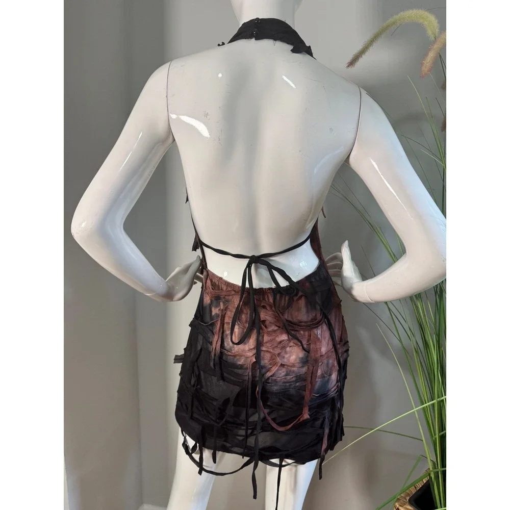 Micas Edgy Sheer Distressed Halter Mini Dress Backless Sexy Brown Black Mesh M‎